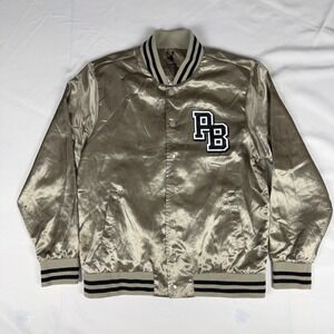Playboy Satin Varsity Jacket Mens Small Champagne Gold Bomber Snap Front PB Logo